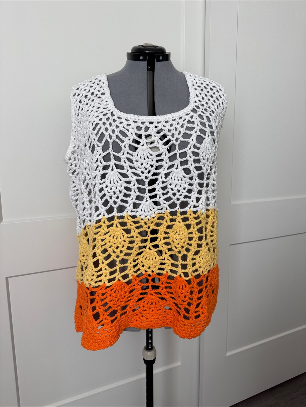 Women's Handmade Crochet Swim Cover-Up Tunic in White, Yellow & Orange